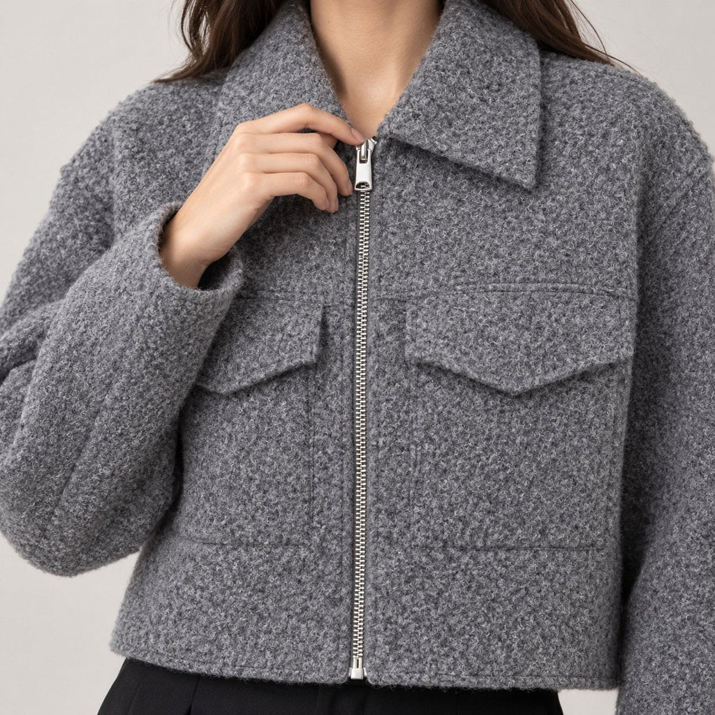 Chaqueta Corta Efecto Lana para Mujer | Cazadora Bouclé con Cremallera y Bolsillos
