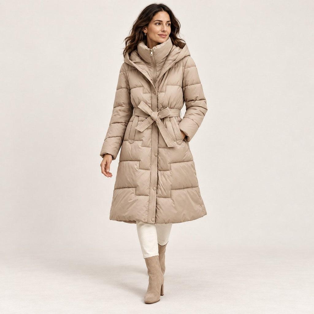 Abrigo Largo Acolchado con Capucha y Cinturón para Mujer | Cálido de Invierno
