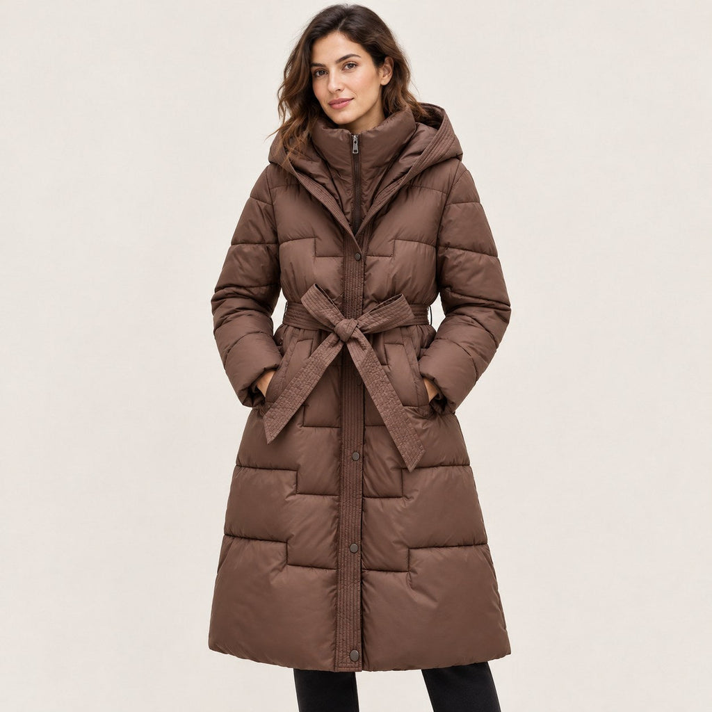 Abrigo Largo Acolchado con Capucha y Cinturón para Mujer | Cálido de Invierno