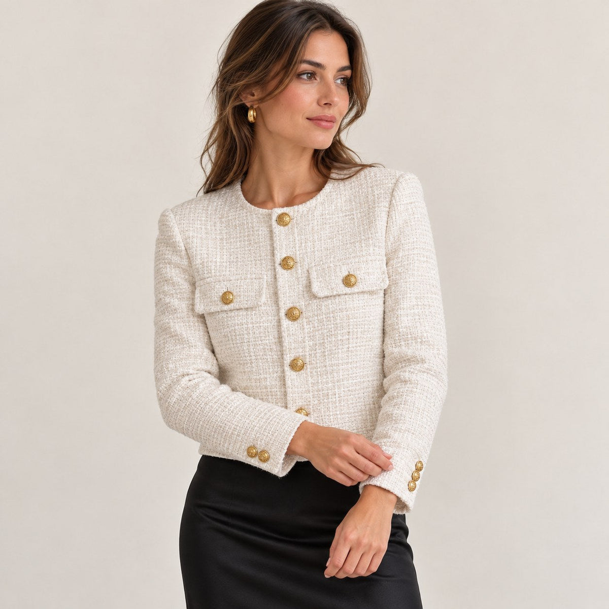 Chaqueta Tweed para Mujer | Chaqueta Corta Entallada con Botones Dorados