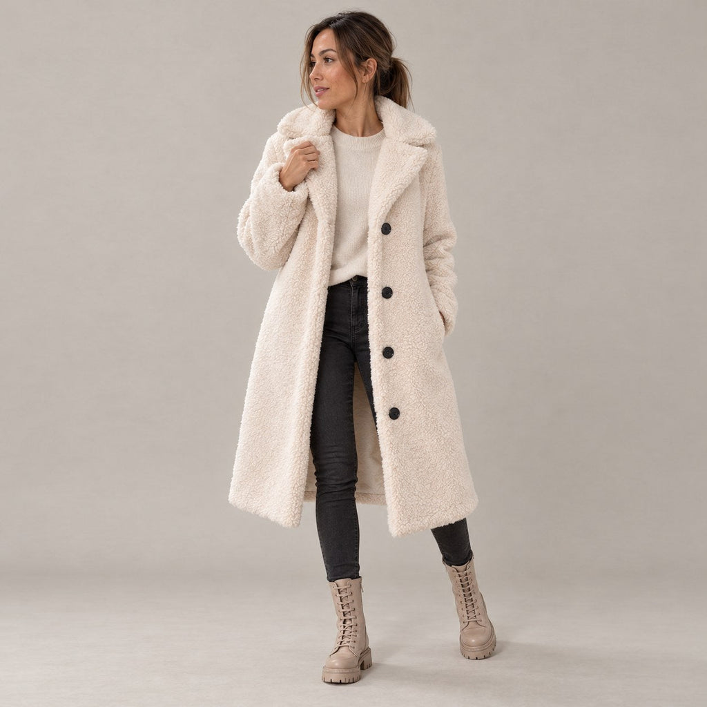 Abrigo de Borreguito para Mujer | Abrigo Teddy Largo con Solapa y Botones