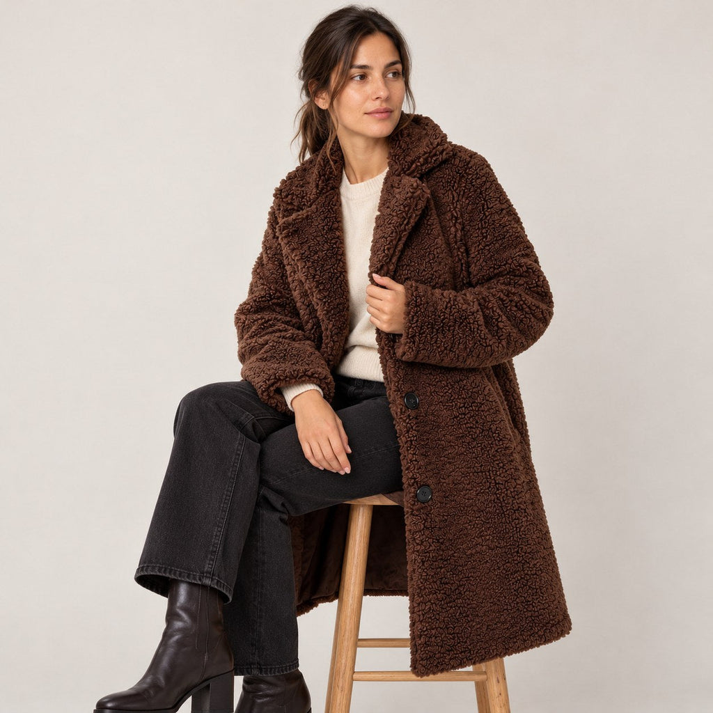 Abrigo de Borreguito para Mujer | Abrigo Teddy Largo con Solapa y Botones