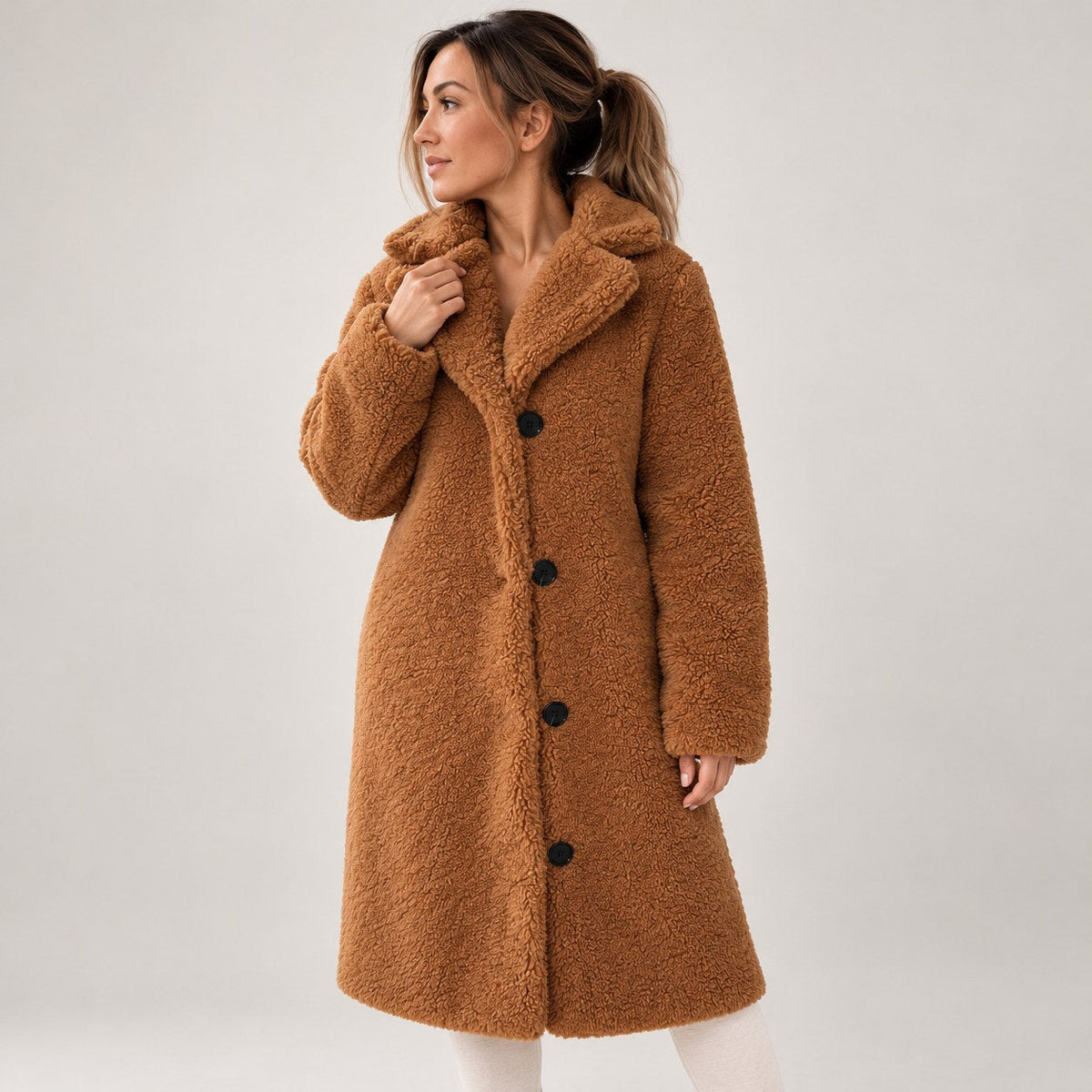 Abrigo de Borreguito para Mujer | Abrigo Teddy Largo con Solapa y Botones