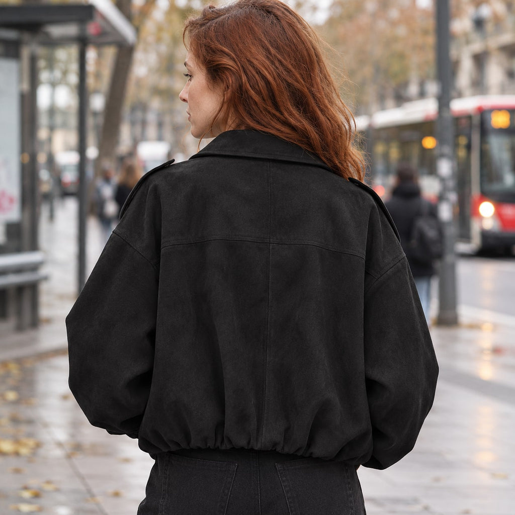 Cazadora Bómber de Ante Sintético | Corte Amplio y Cuello de Solapa