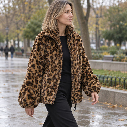 Abrigo de Pelo Sintético Estampado Leopardo para Mujer | Chaquetón Ancho de Invierno