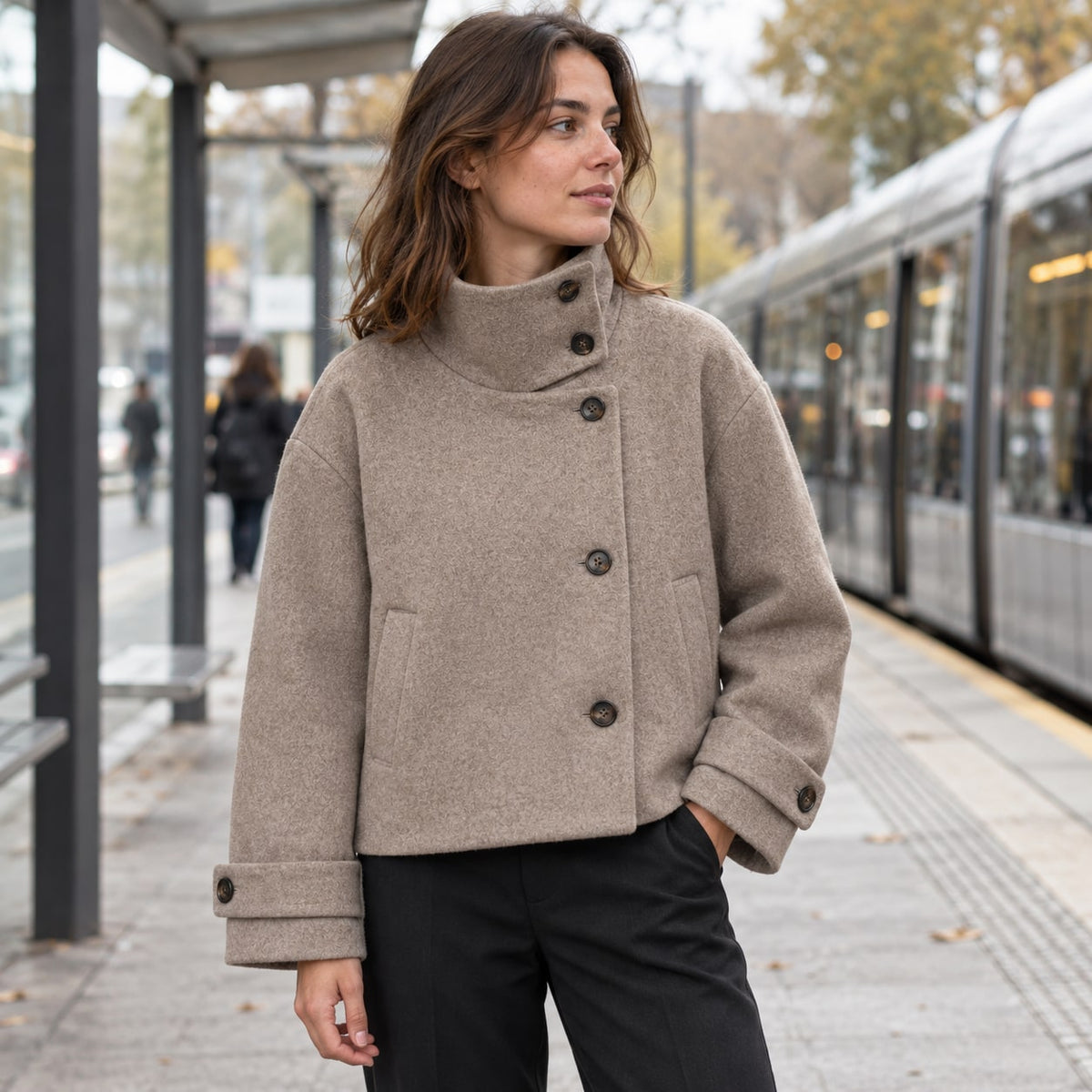 Abrigo Corto de Cuello Alto para Mujer | Chaquetón Efecto Paño con Botones Asimétricos