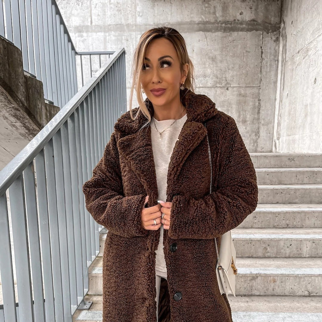 Abrigo de Borreguito para Mujer | Abrigo Teddy Largo con Solapa y Botones