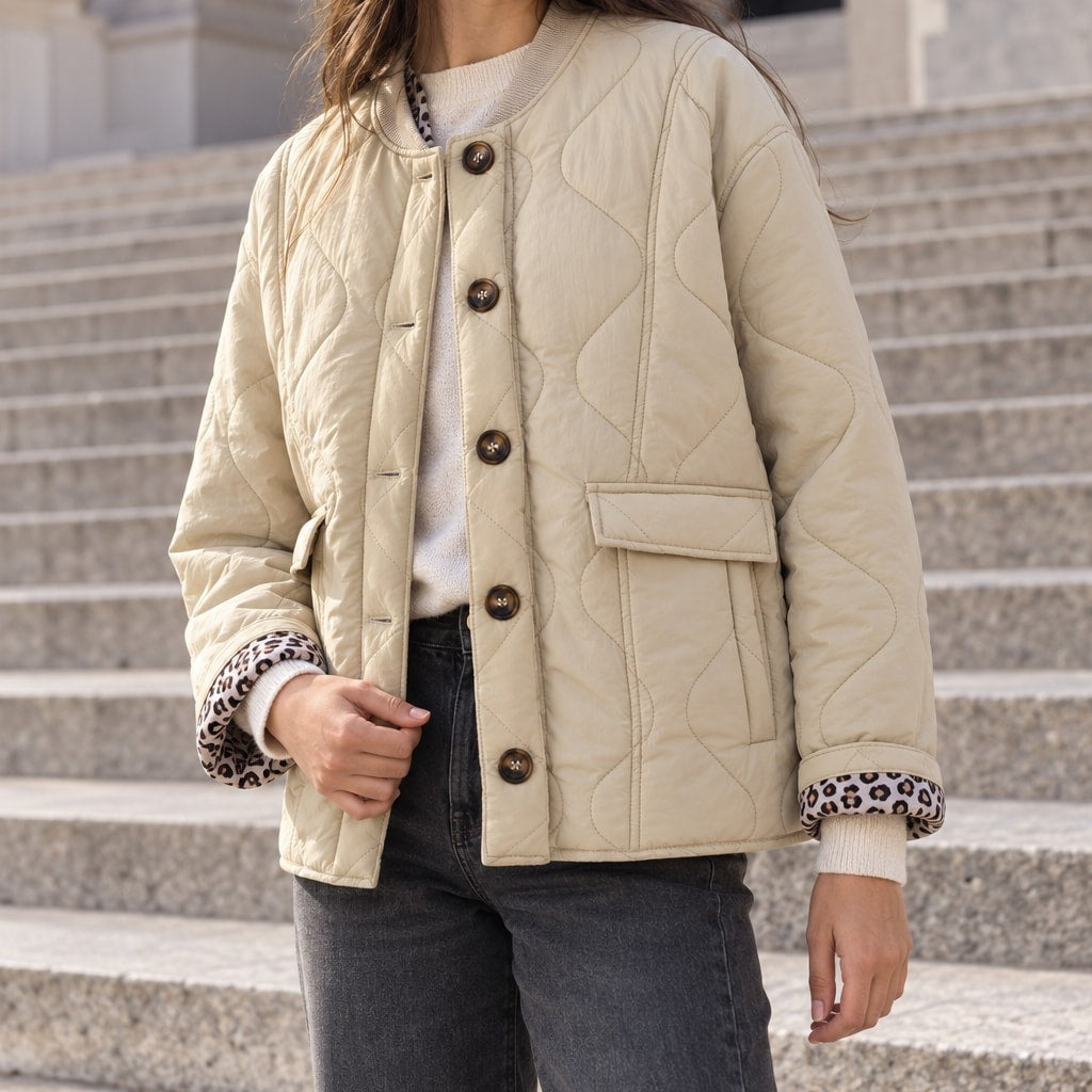 Chaqueta Acolchada Corta para Mujer | Guateada con Botones y Forro de Leopardo