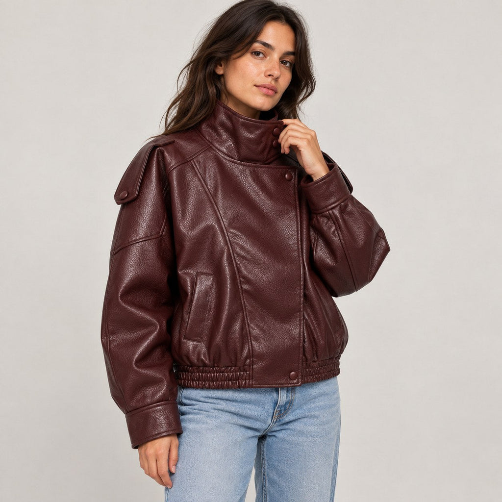 Chaqueta de Piel Sintética de Corte Amplio | Cazadora Motera de Cuello Alto