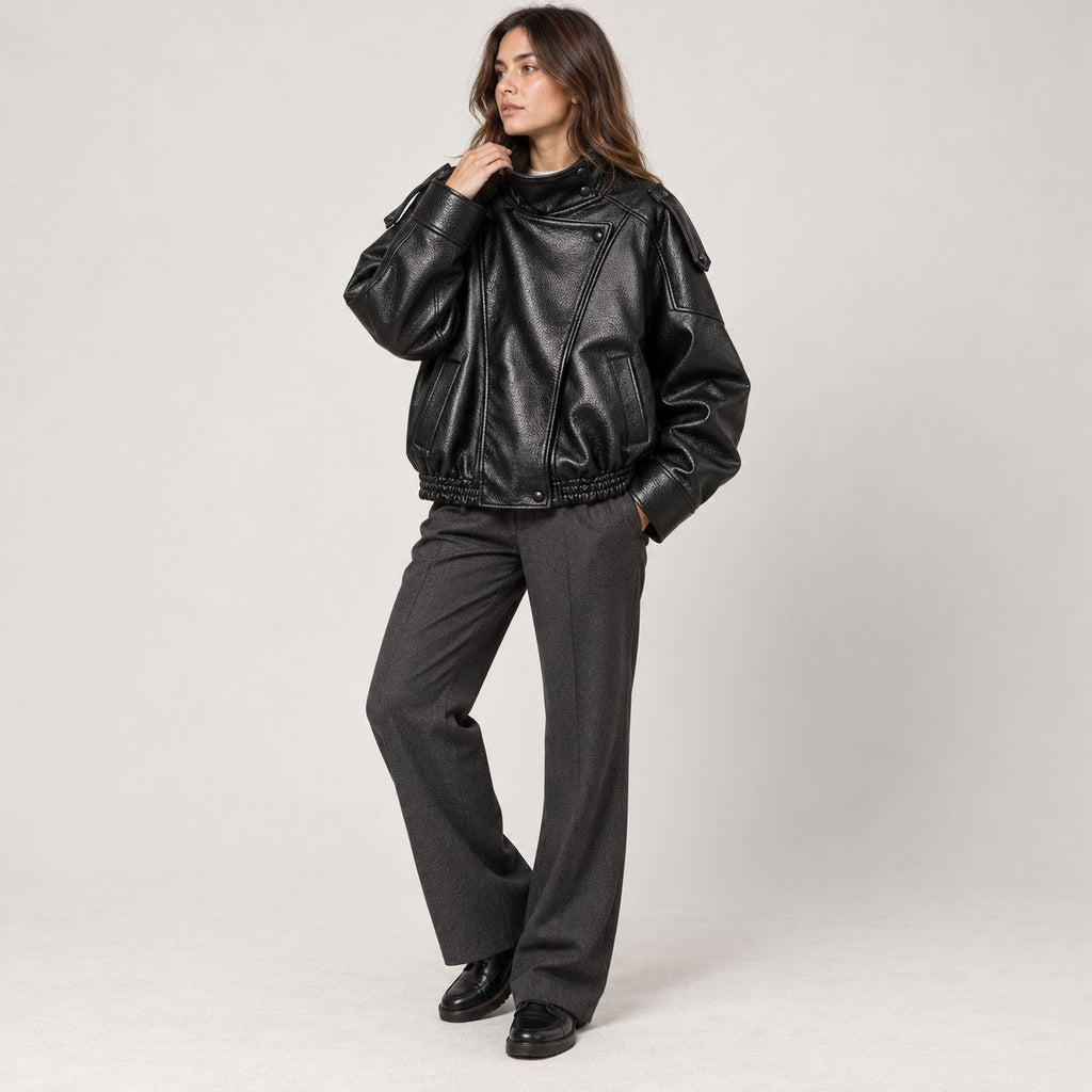 Chaqueta de Piel Sintética de Corte Amplio | Cazadora Motera de Cuello Alto