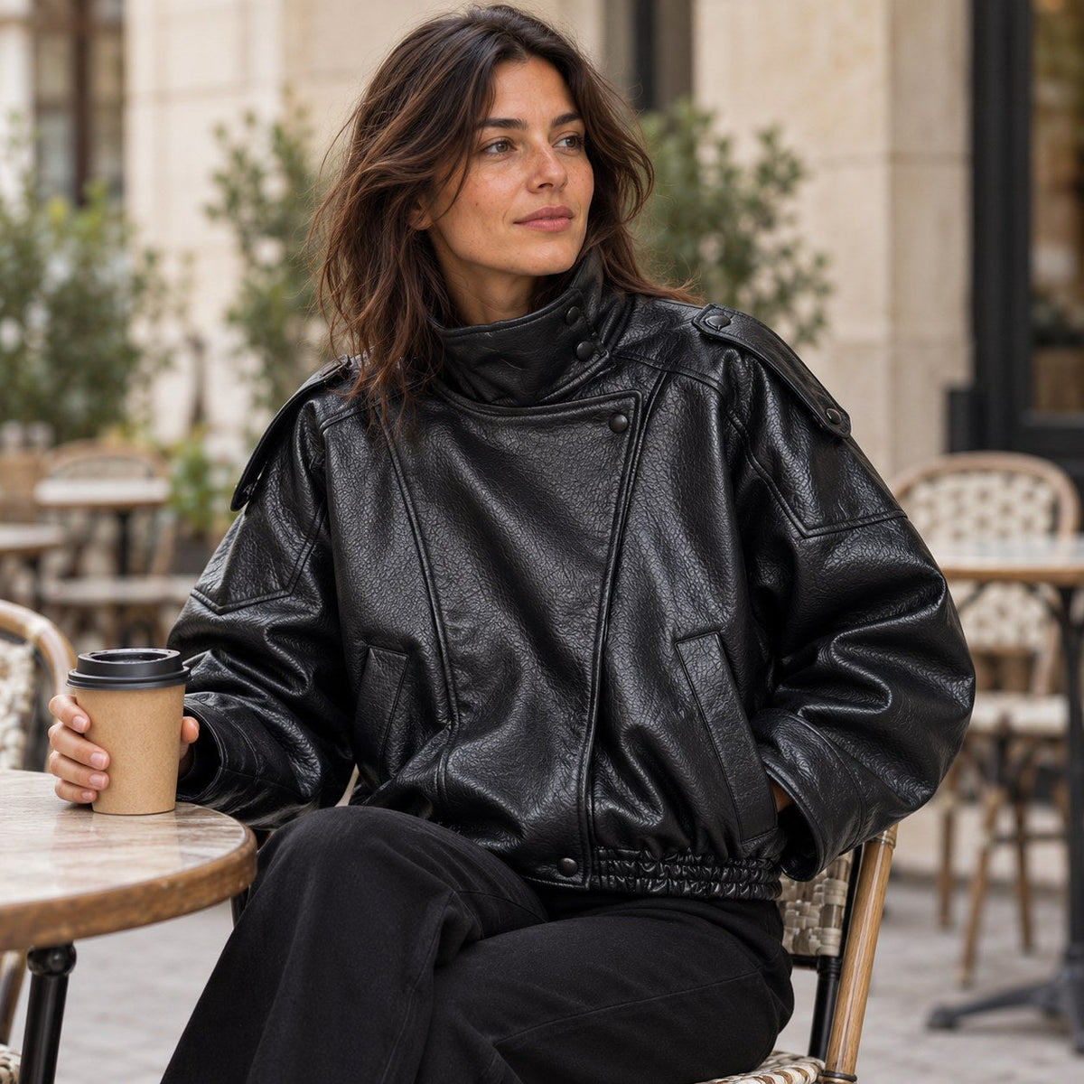 Chaqueta de Piel Sintética de Corte Amplio | Cazadora Motera de Cuello Alto