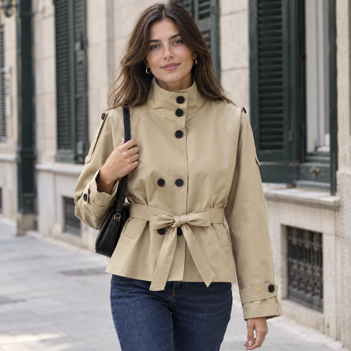 Gabardina Corta Cruzada | Cuello Alto y Cinturón