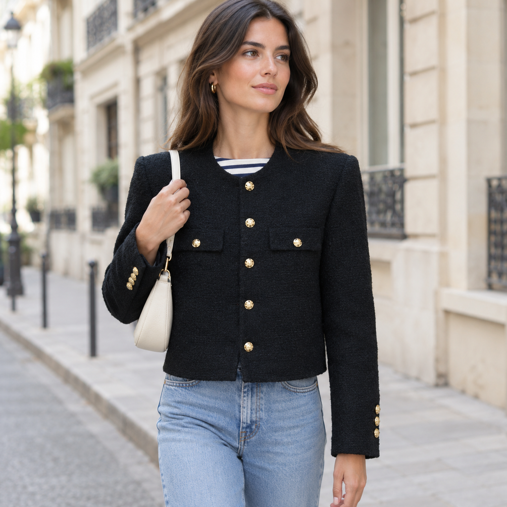 Chaqueta Tweed para Mujer | Chaqueta Corta Entallada con Botones Dorados