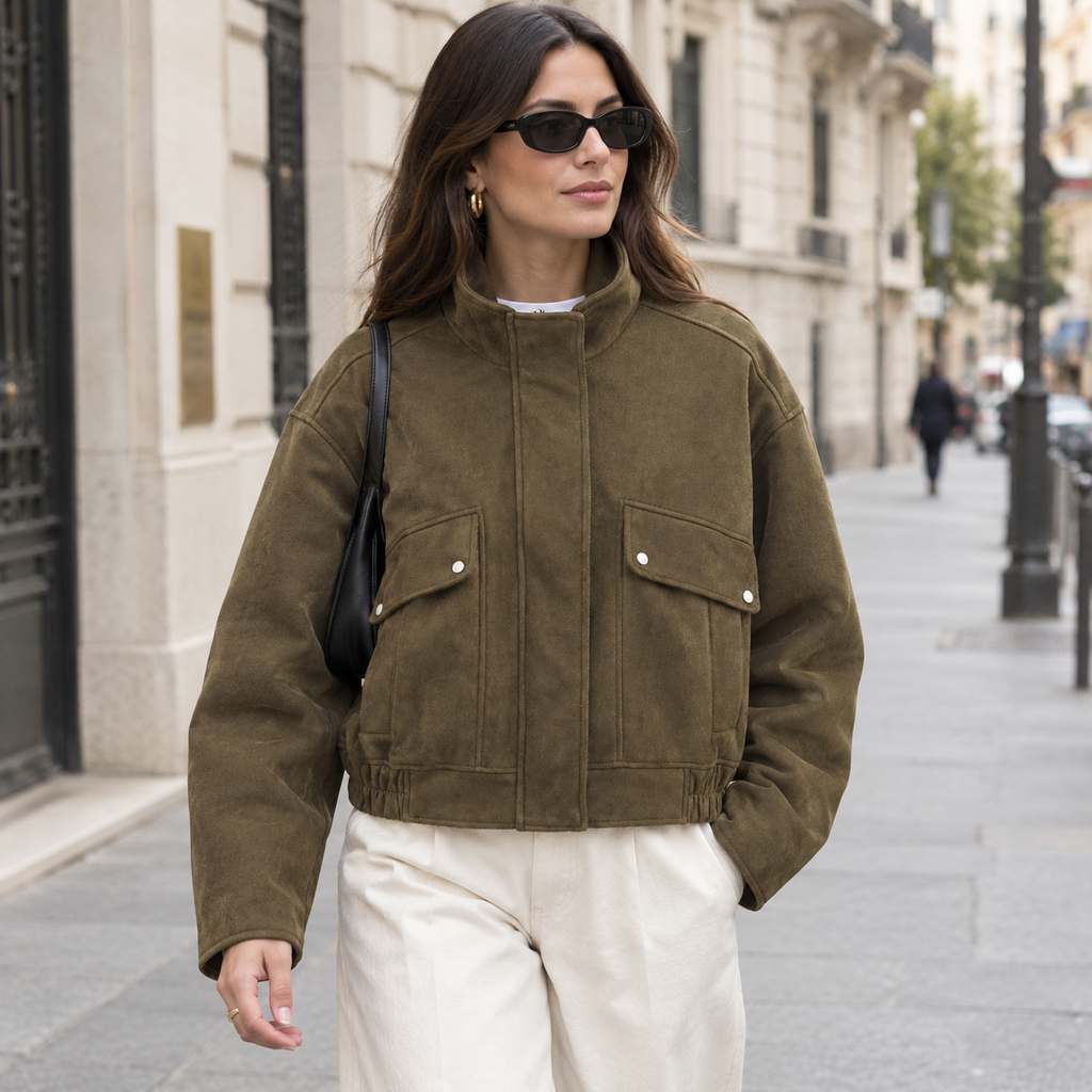 Cazadora de Antelina para Mujer | Chaqueta Efecto Ante con Cuello Alto y Bolsillos