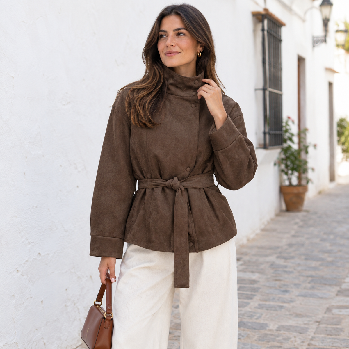 Chaqueta de Antelina para Mujer | Chaqueta Efecto Ante con Cuello Alto y Cinturón