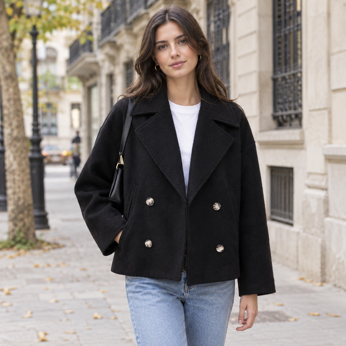 Abrigo Corto Cruzado para Mujer | Chaquetón Efecto Paño con Solapa Ancha