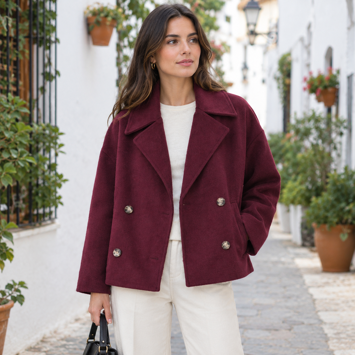 Abrigo Corto Cruzado para Mujer | Chaquetón Efecto Paño con Solapa Ancha