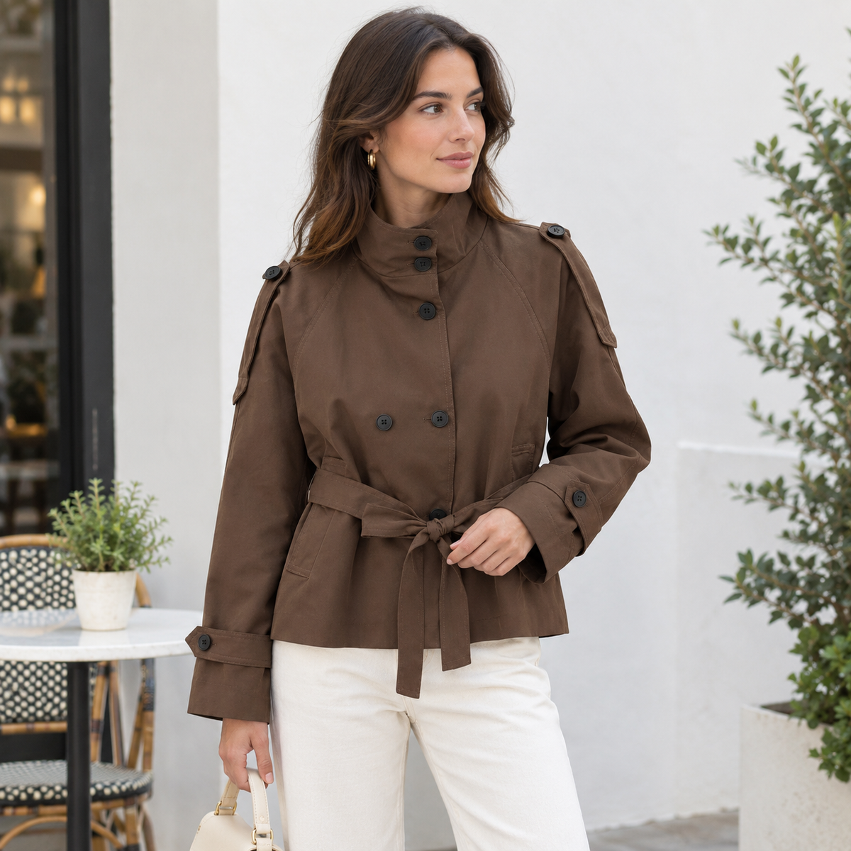 Gabardina Corta Cruzada | Cuello Alto y Cinturón