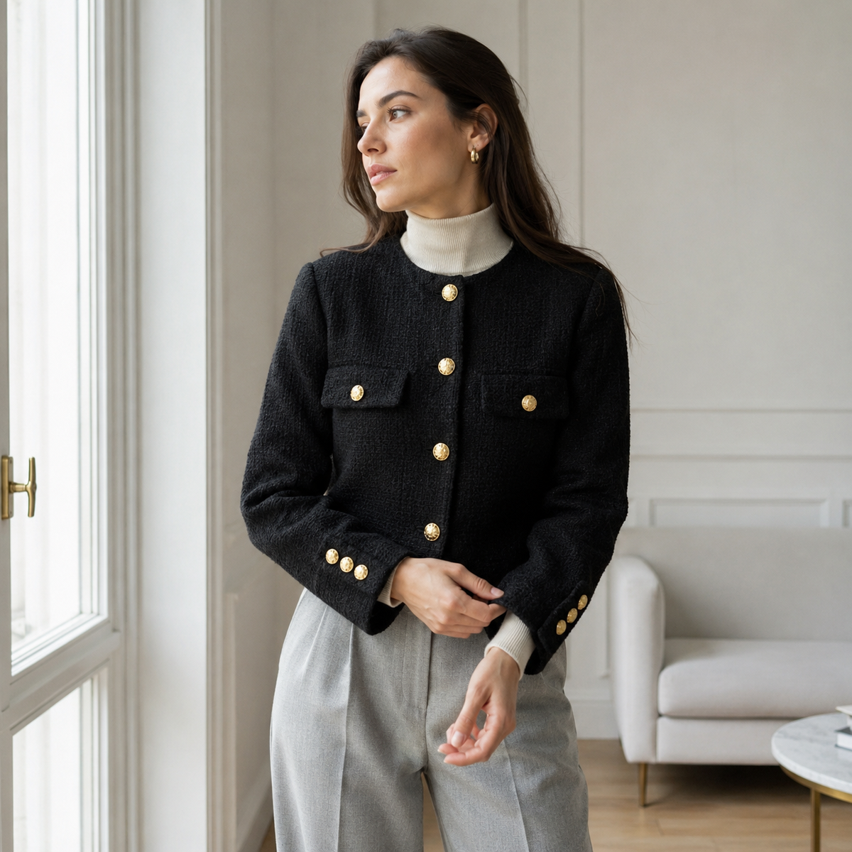 Chaqueta Tweed Negra para Mujer | Chaqueta Corta con Bolsillos y Botones Dorados