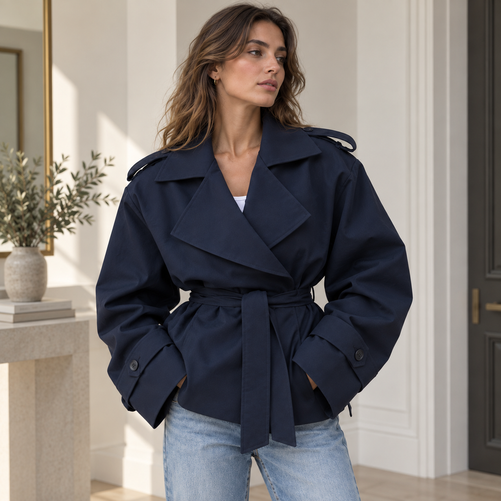 Gabardina Cruzada Corta para Mujer | Chaquetón de Entretiempo con Cordón
