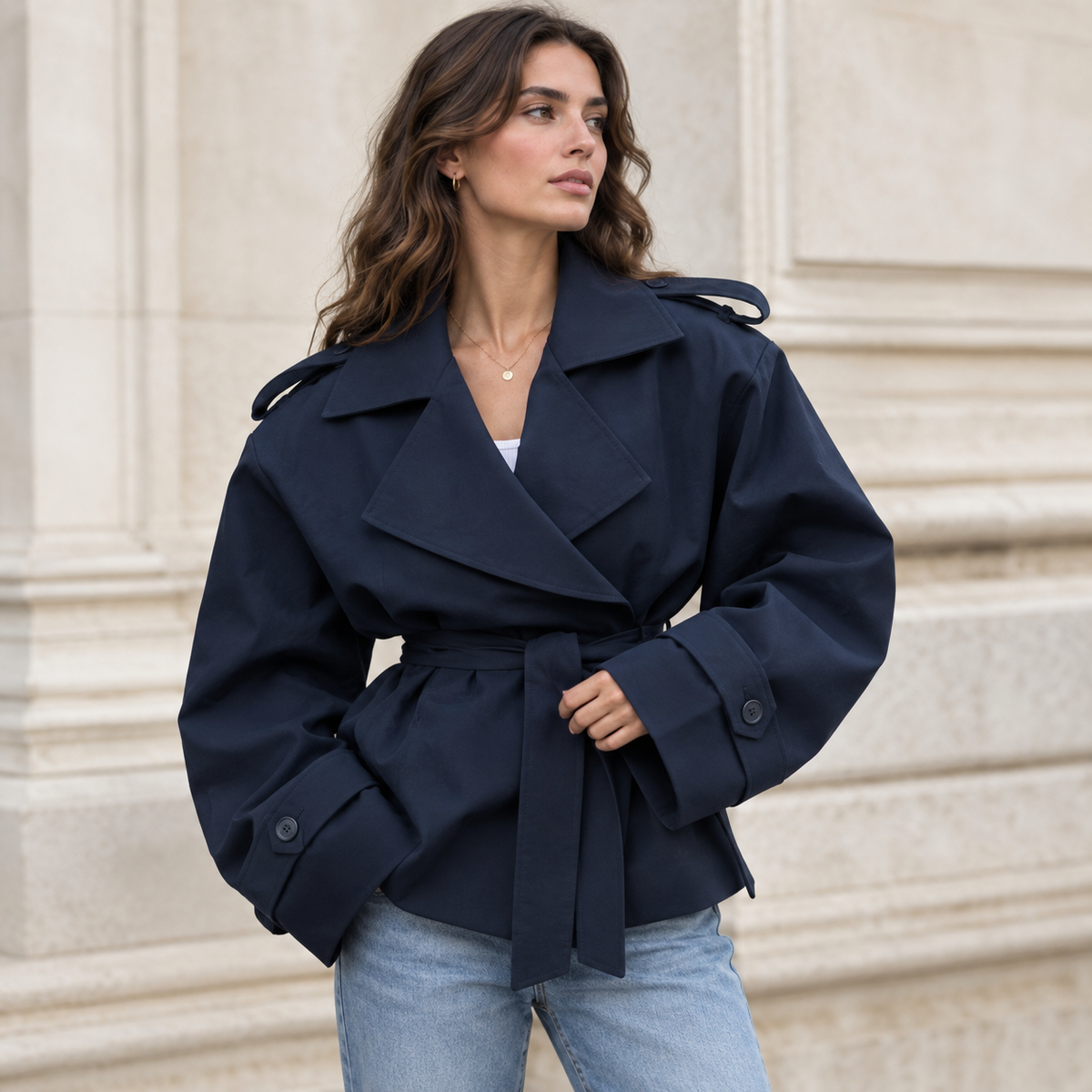 Gabardina Cruzada Corta para Mujer | Chaquetón de Entretiempo con Cordón