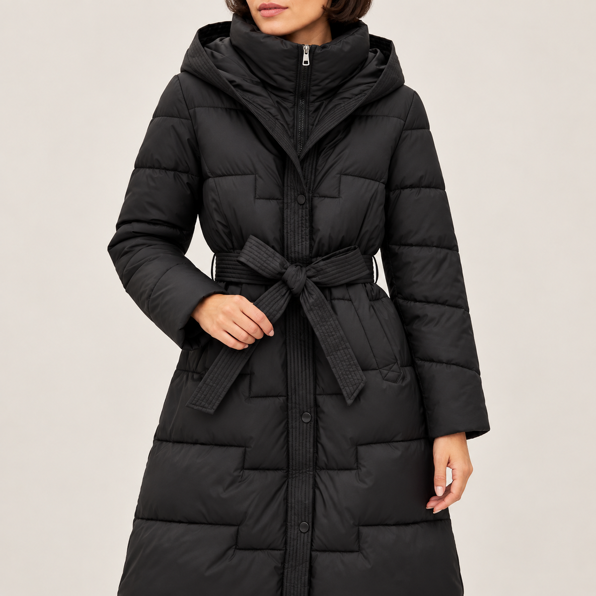 Abrigo Largo Acolchado con Capucha y Cinturón para Mujer | Cálido de Invierno