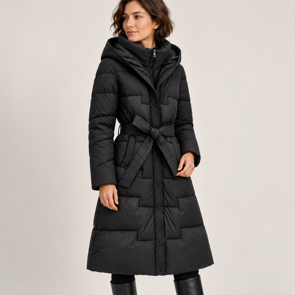 Abrigo Largo Acolchado con Capucha y Cinturón para Mujer | Cálido de Invierno