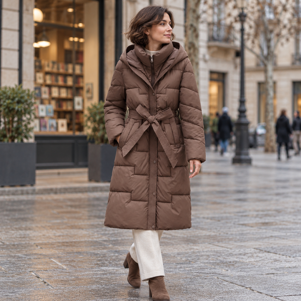 Abrigo Largo Acolchado con Capucha y Cinturón para Mujer | Cálido de Invierno