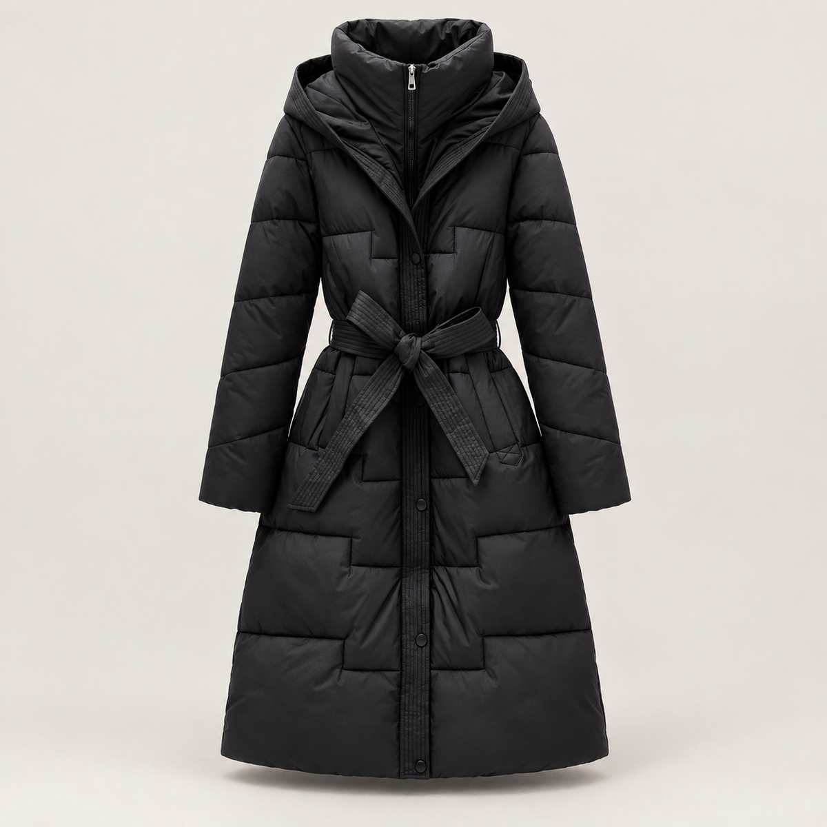 Abrigo Largo Acolchado con Capucha y Cinturón para Mujer | Cálido de Invierno