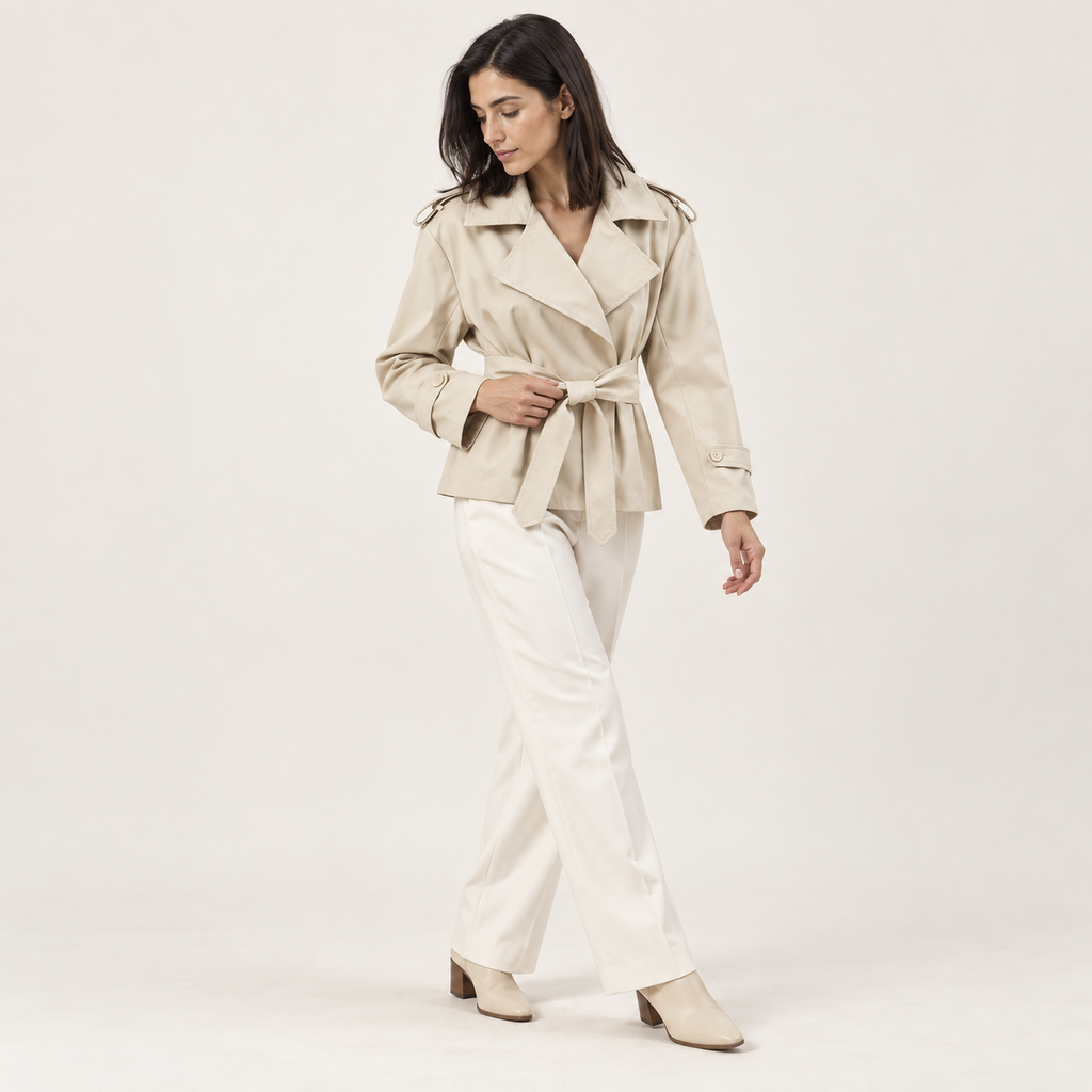 Gabardina Corta Cruzada | Hombros Estructurados y Cordón