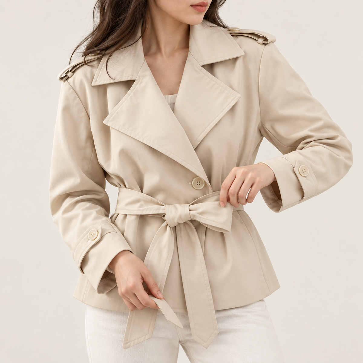 Gabardina Corta Cruzada | Hombros Estructurados y Cordón
