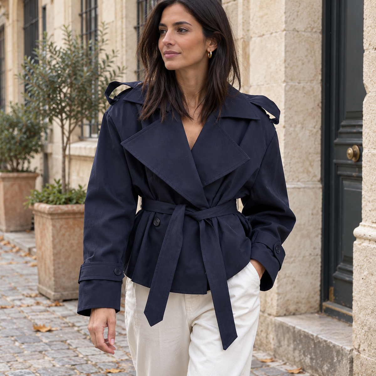 Gabardina Corta Cruzada | Hombros Estructurados y Cordón