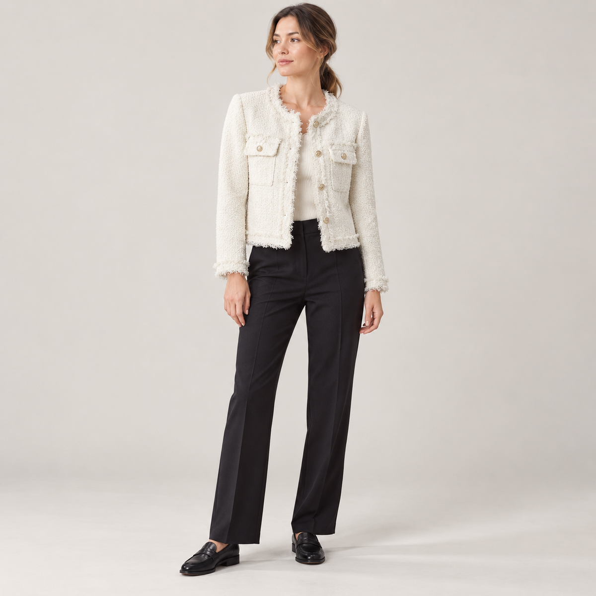 Chaqueta Tweed con Flecos para Mujer | Chaqueta Corta con Botones Dorados
