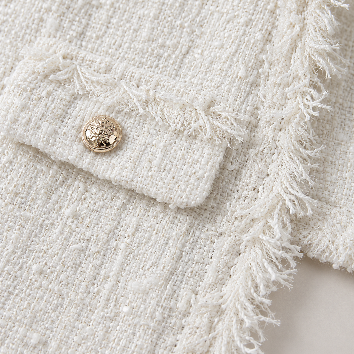 Chaqueta Tweed con Flecos para Mujer | Chaqueta Corta con Botones Dorados