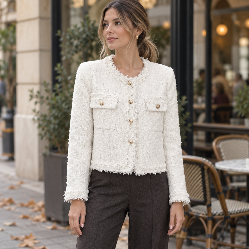Chaqueta Tweed con Flecos para Mujer | Chaqueta Corta con Botones Dorados
